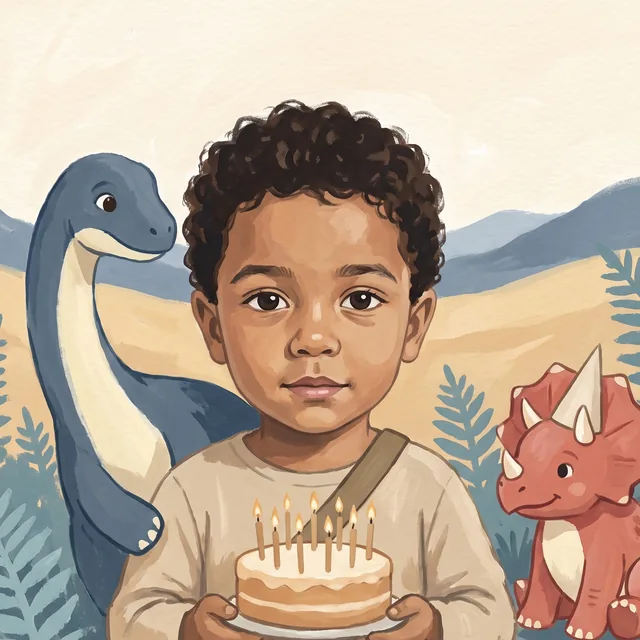 Boy 1: short black curls, holding a birthday cake beside a dinosaur