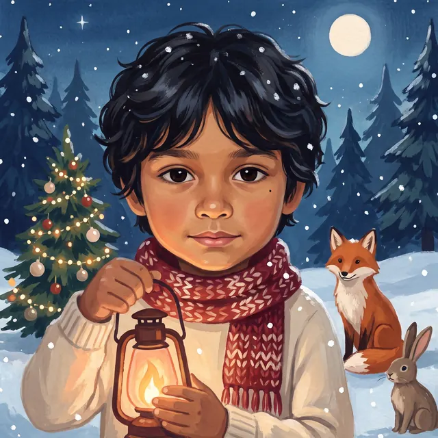 Boy 3: dark tousled hair, holding a lantern in a snowy forest
