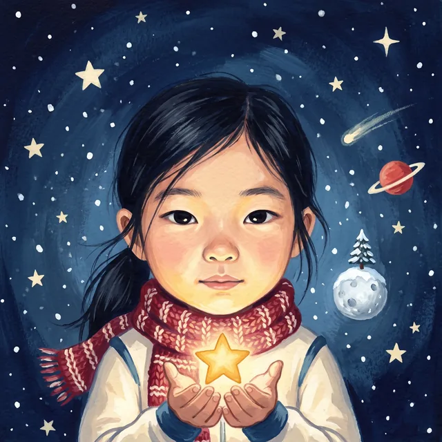 Girl 2: black hair in a low ponytail, holding a glowing star