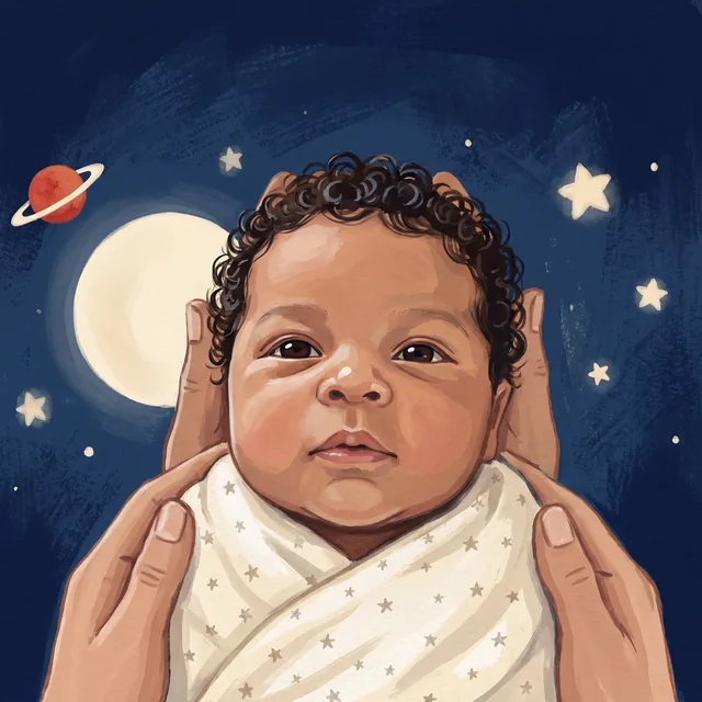 Baby 3: a baby with soft black curls under a night sky